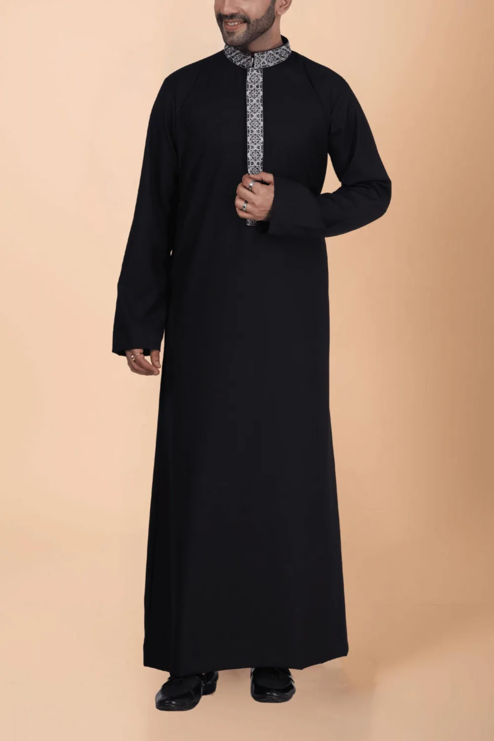 Black Thobe with Grey Geometric Embroidery Strip & Band Collar - Image 6 - Ruby Online