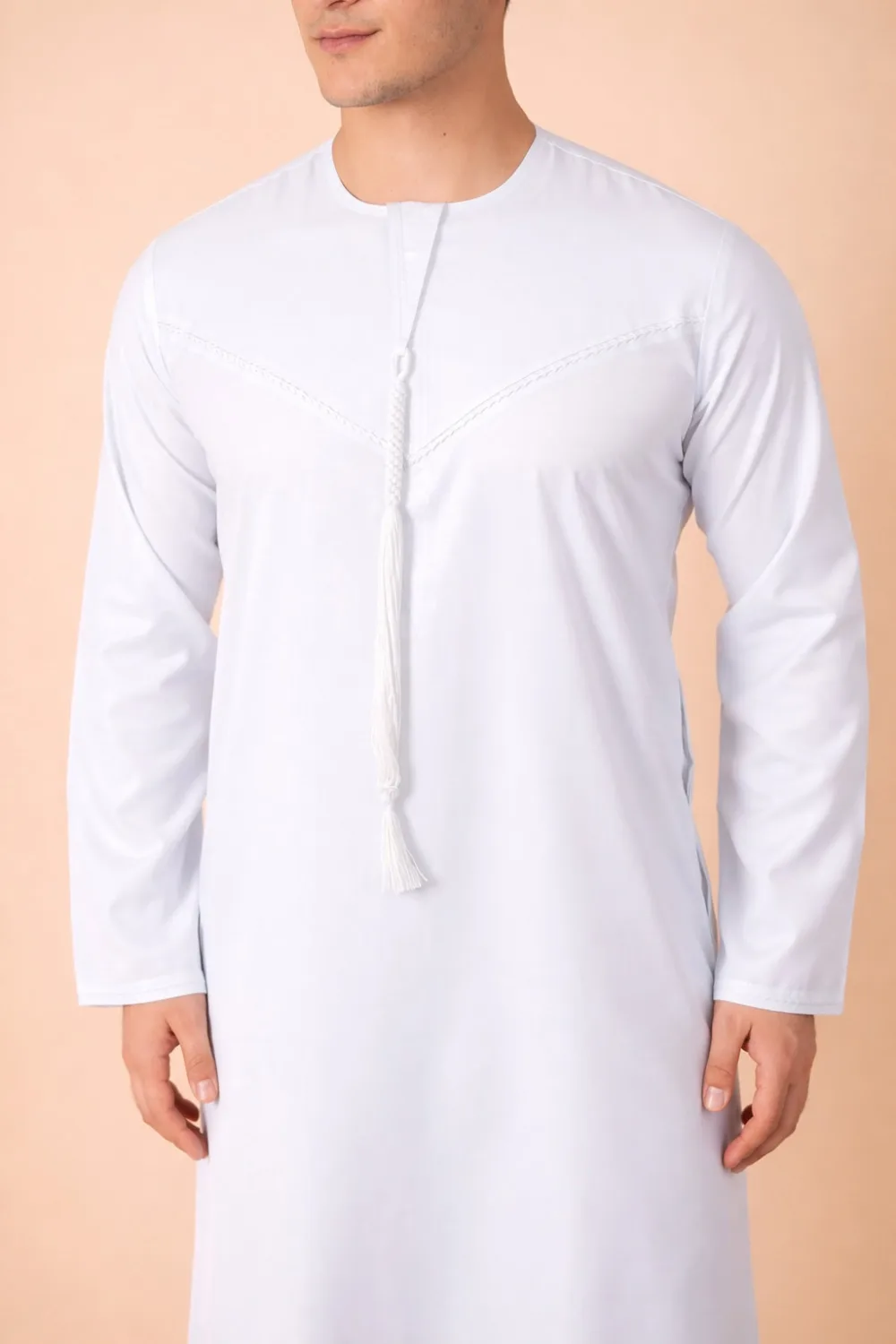 Premium Pure White Emirati Tassel Thobe with Tonal Embroidered Detailing - Image 4 - Ruby Online