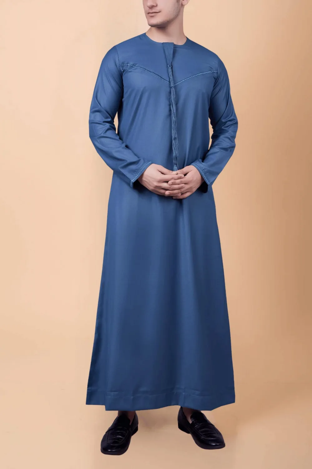 Steel Blue Emirati Thobe with Tassel & Subtle Chest Embroidery - Image 3 - Ruby Online