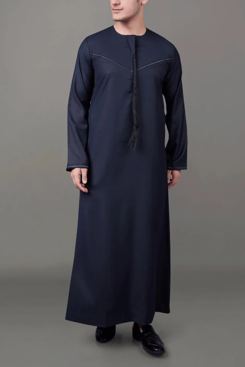 Premium Deep Dark Grey Emirati Tassel Thobe with Black Contrast Embroidery - Image 5 - Ruby Online