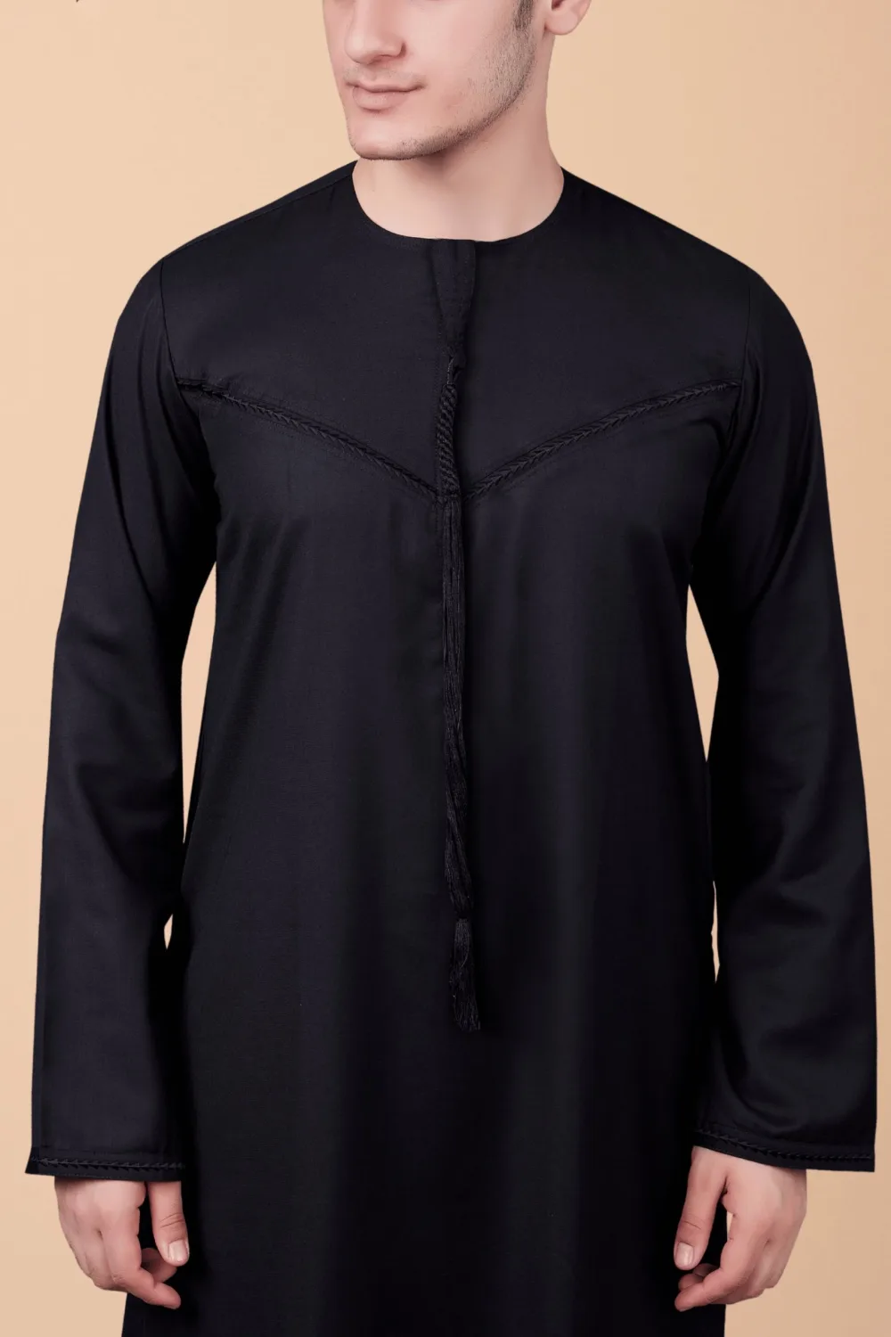 Men’s Black Emirati Tassel Thobe – Chevron Stitch Designer Kandura with Front Tassel - Image 4 - Ruby Online