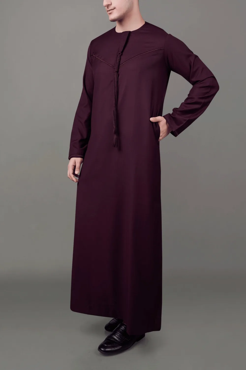 Premium Emirati Maroon Tassel Thobe with Signature Chest Embroidery - Image 4 - Ruby Online