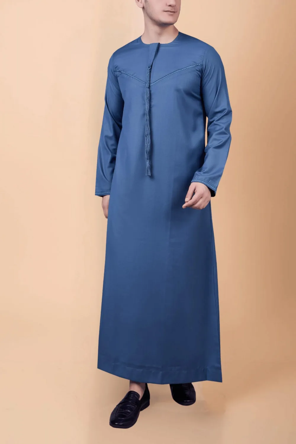 Steel Blue Emirati Thobe with Tassel & Subtle Chest Embroidery