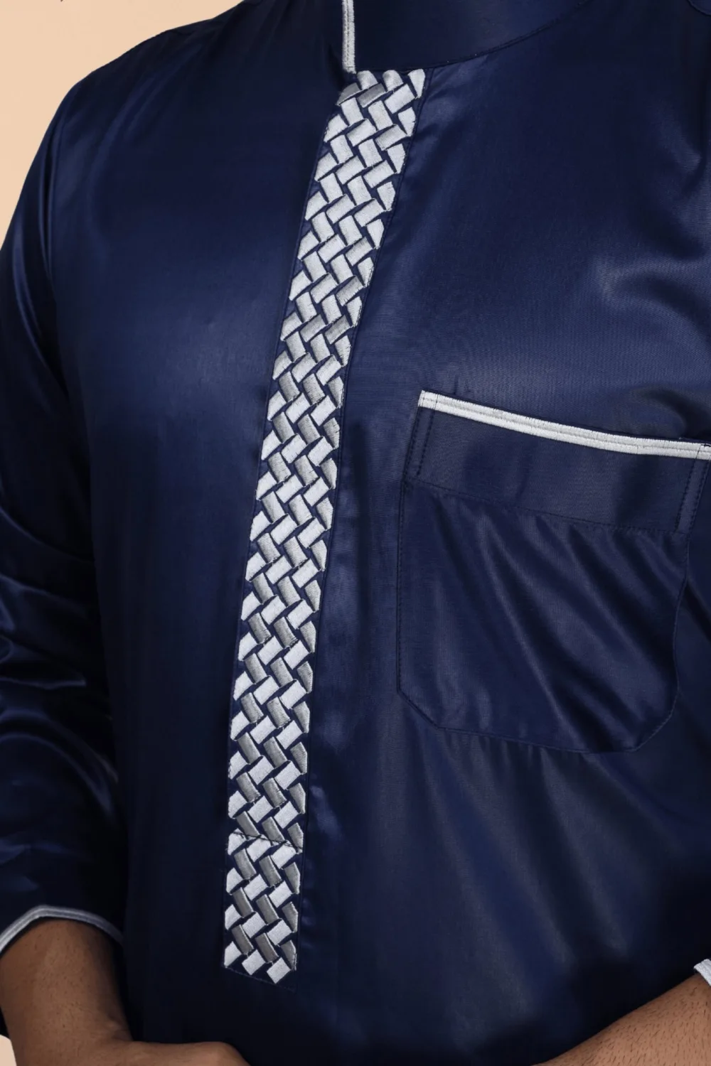 Navy Blue Thobe with White Geometric Embroidery Strip & Band Collar - Image 6 - Ruby Online