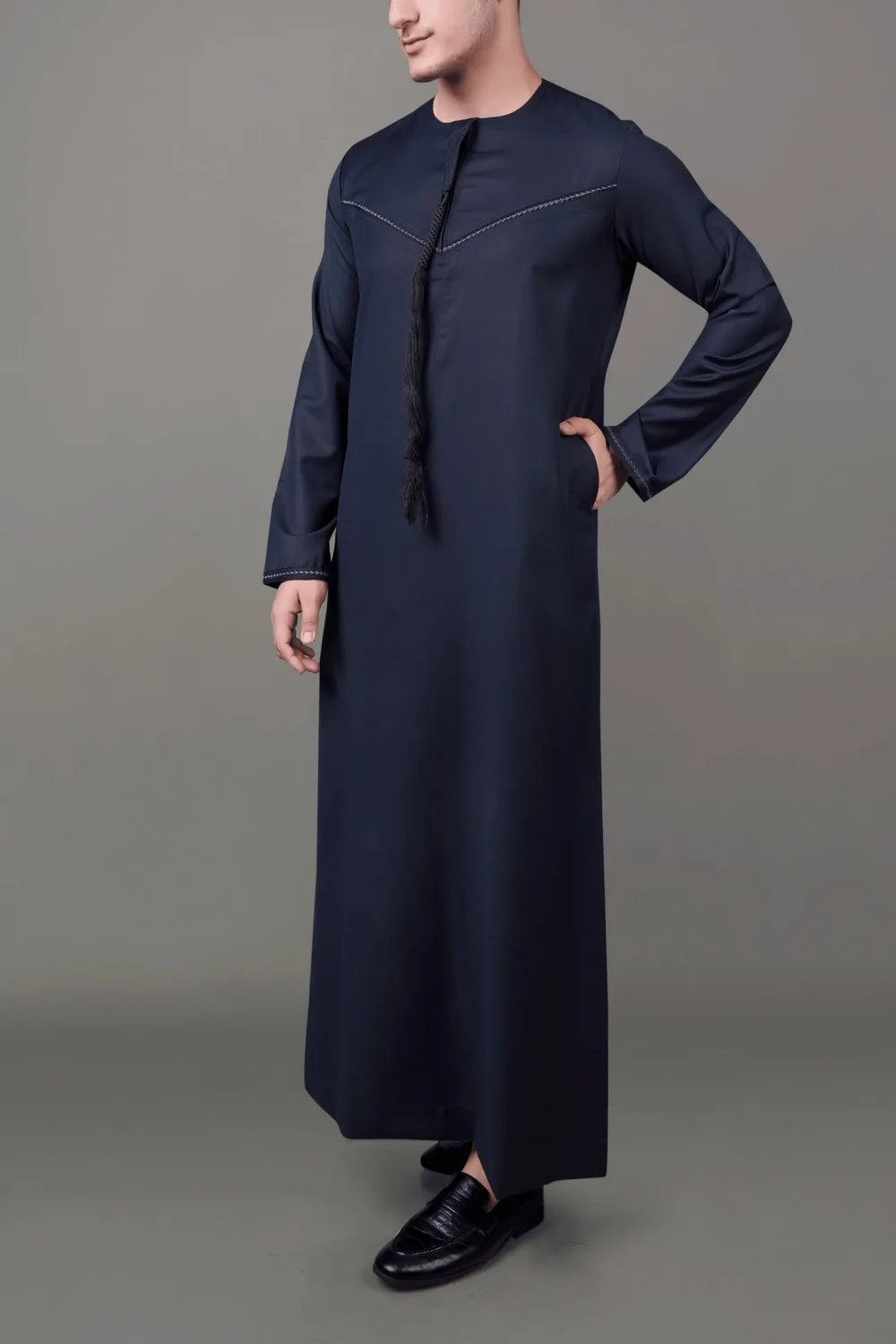 Premium Deep Dark Grey Emirati Tassel Thobe with Black Contrast Embroidery - Image 3 - Ruby Online