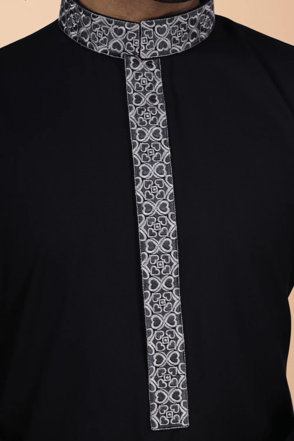 Black Thobe with Grey Geometric Embroidery Strip & Band Collar - Image 2 - Ruby Online
