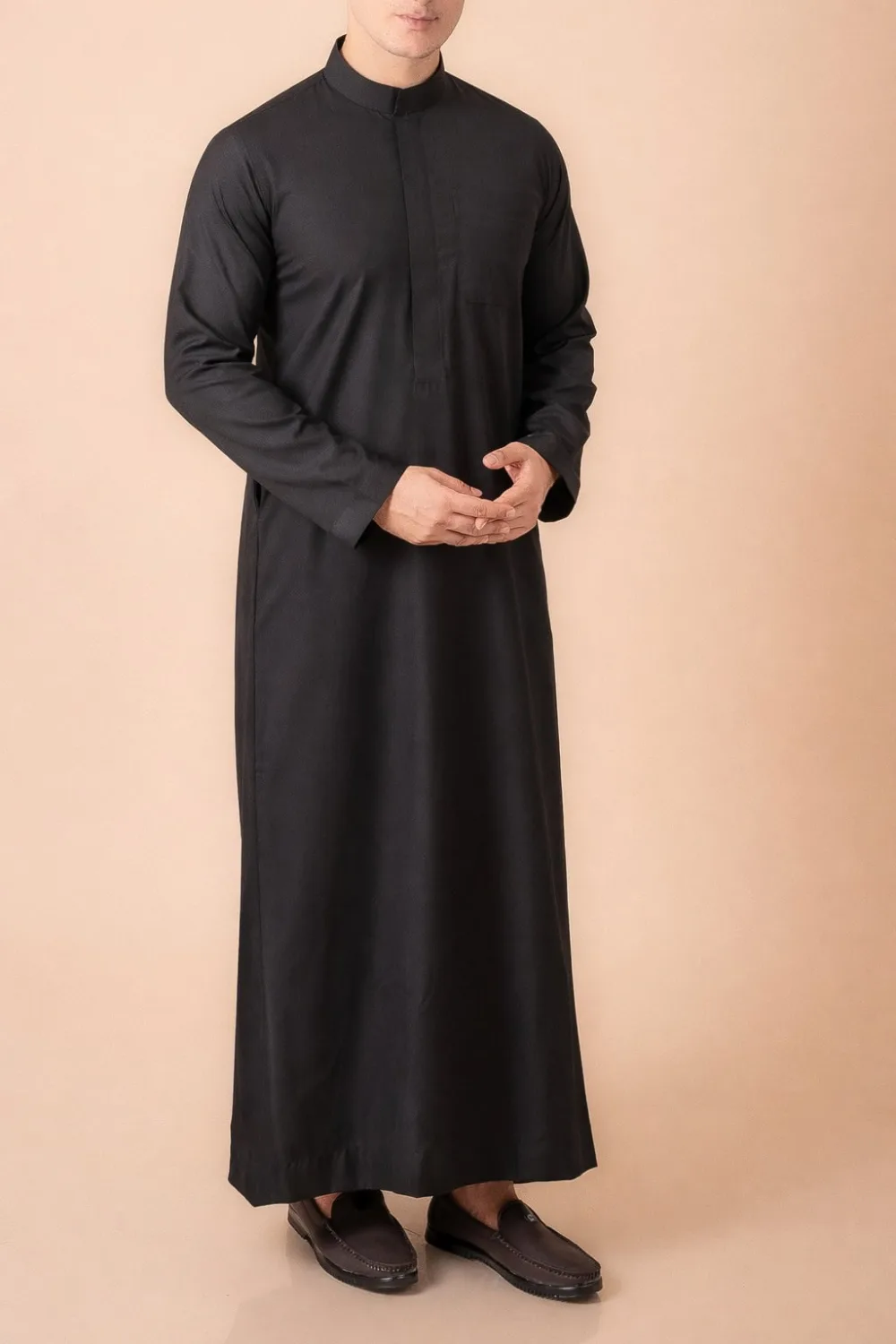 Premium Jet Black Minimalist Emirati Thobe with Concealed Placket - Image 4 - Ruby Online