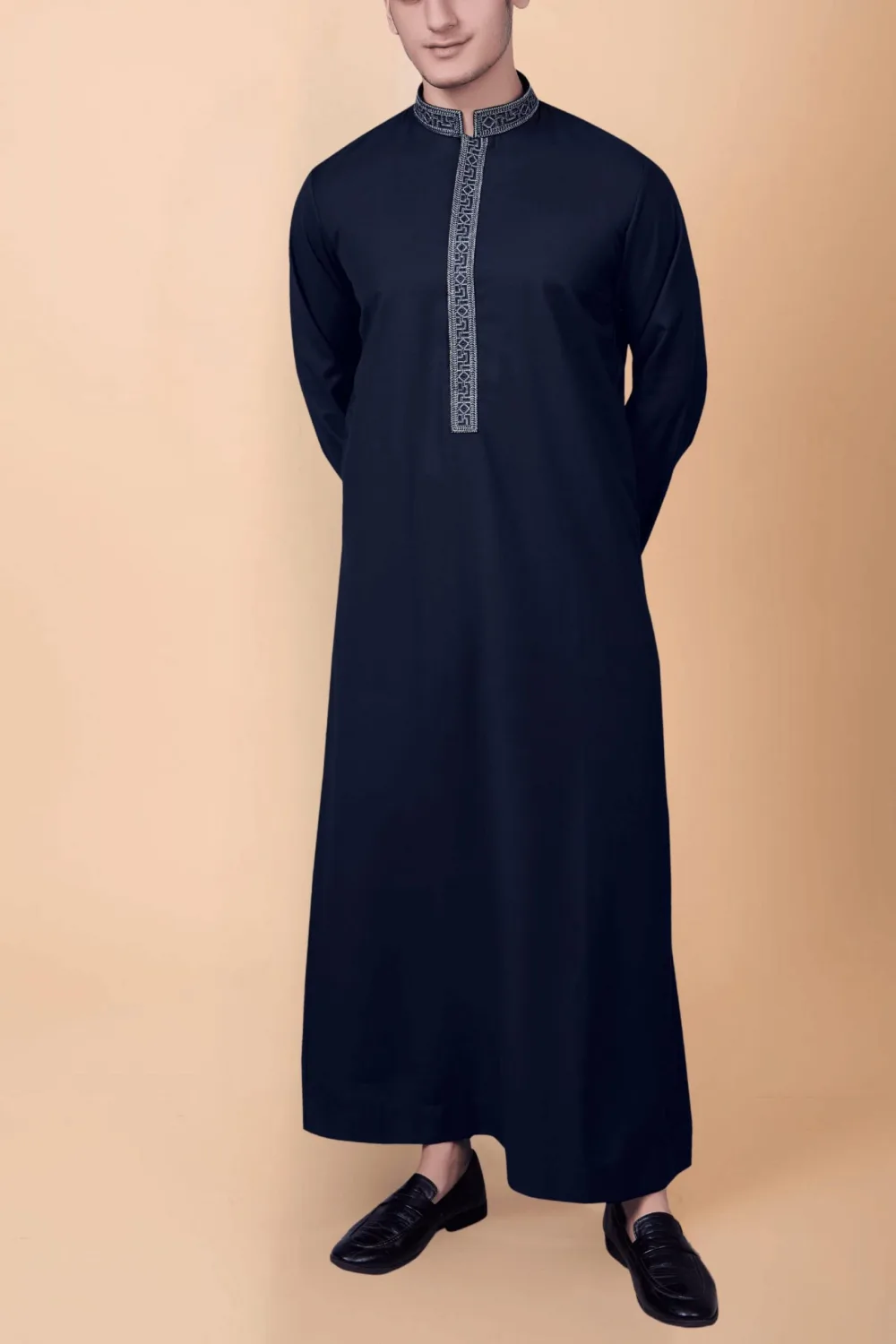 Navy Blue Men’s Thobe with Silver Geometric Embroidery Strip