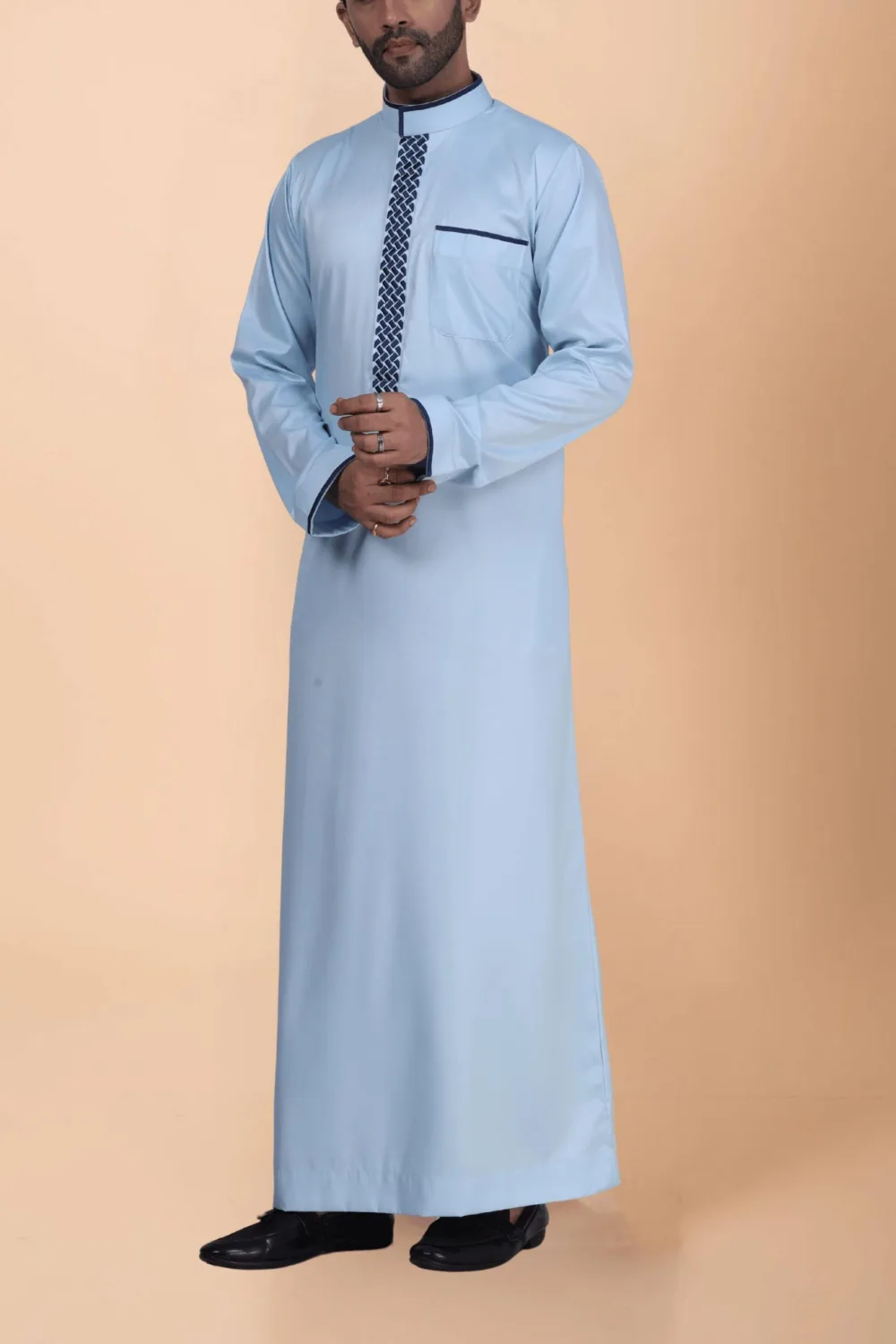 Light Blue Thobe with Navy Geometric Embroidery Strip & Band Collar - Image 5 - Ruby Online