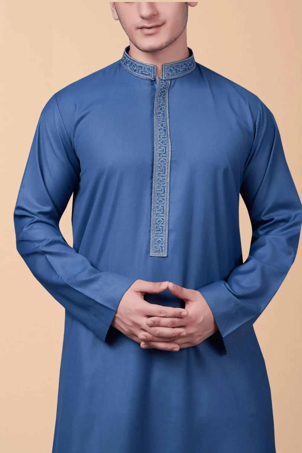 Steel Blue Emirati Thobe with Silver Geometric Embroidered Collar & Placket - Image 4 - Ruby Online