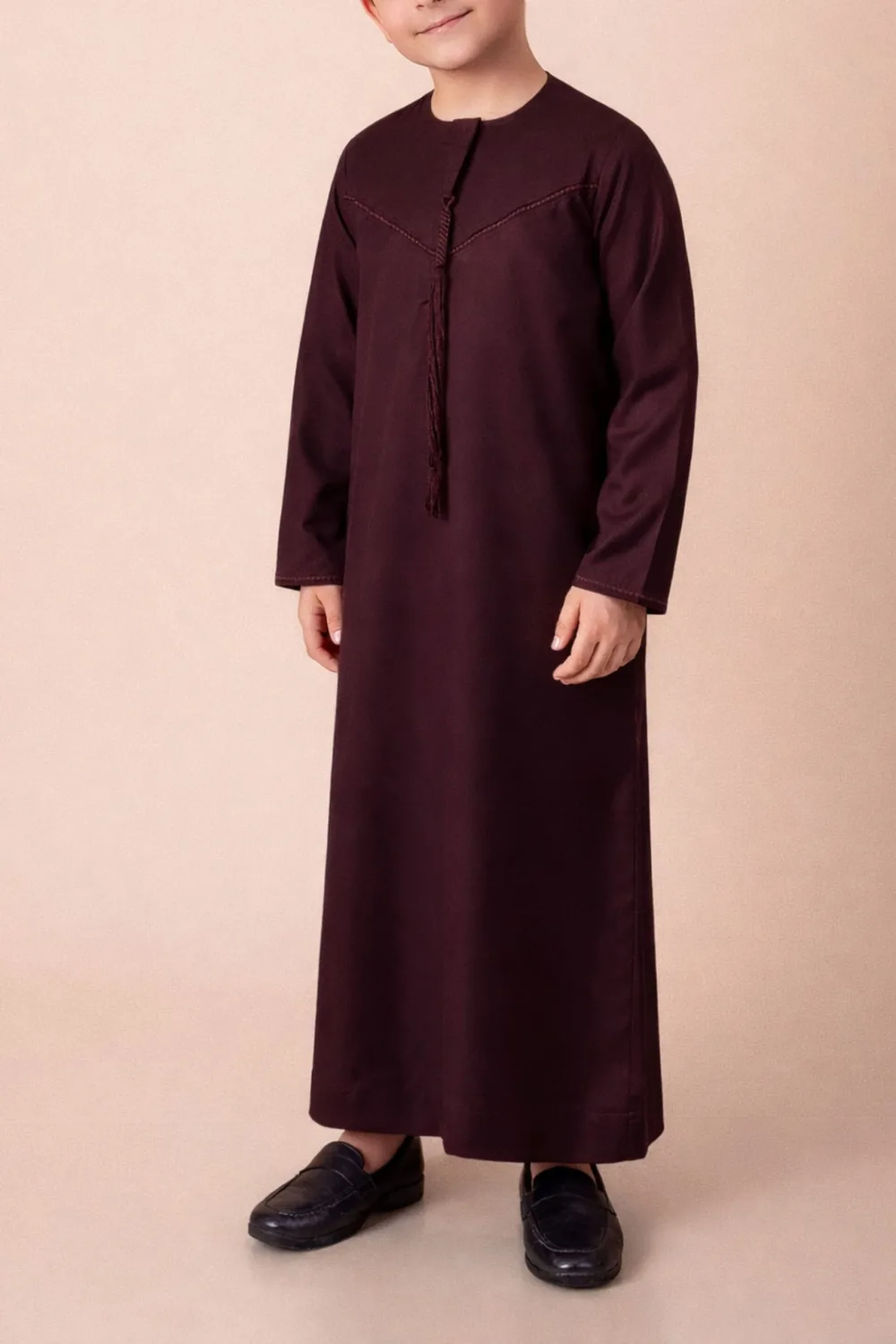 Luxury Deep Maroon Emirati Kids Thobe with V-Stitch Panel & Tassel - Image 2 - Ruby Online