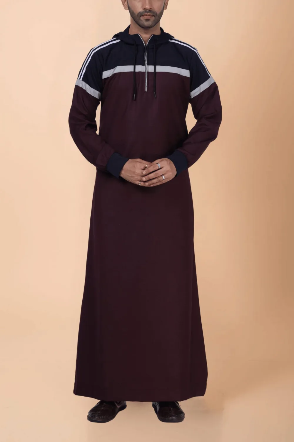 Men’s Maroon Hooded Thobe with Navy Panel & Grey Stripe Design