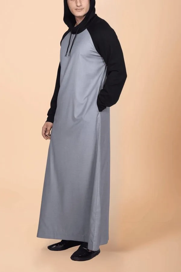 Men’s Light Grey Hooded Thobe with Black Sleeves – Minimal Sport Style - Image 2 - Ruby Online
