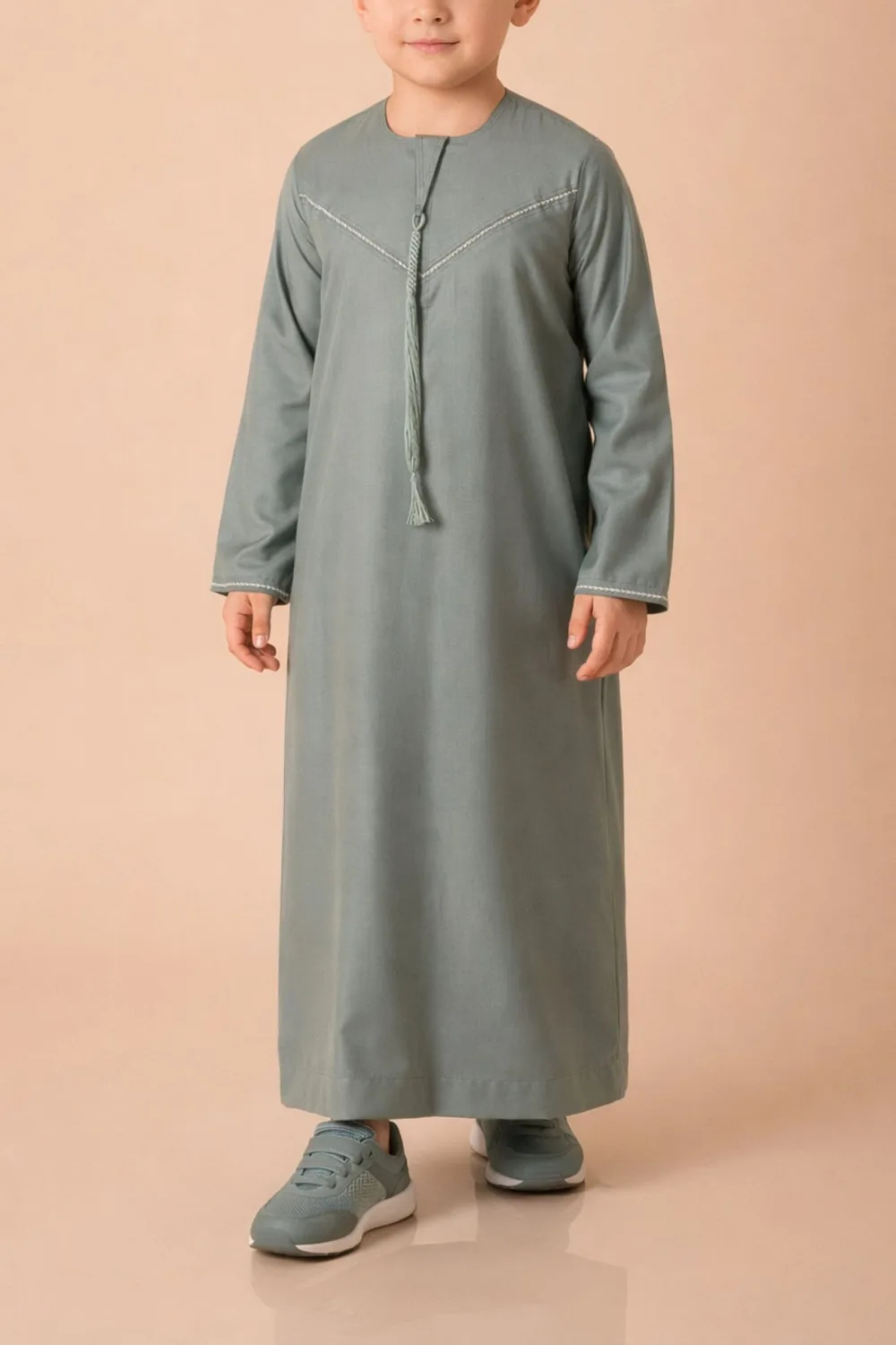 Premium Sage Green Emirati Kids Thobe with Contrast V-Stitch & Tassel
