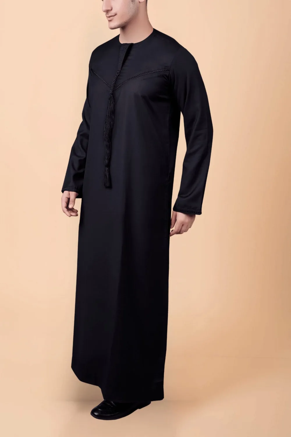 Men’s Black Emirati Tassel Thobe – Chevron Stitch Designer Kandura with Front Tassel - Image 2 - Ruby Online