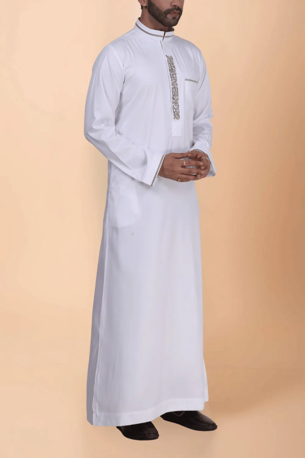 White Thobe with Beige Floral Embroidery Strip & Band Collar Design - Image 3 - Ruby Online