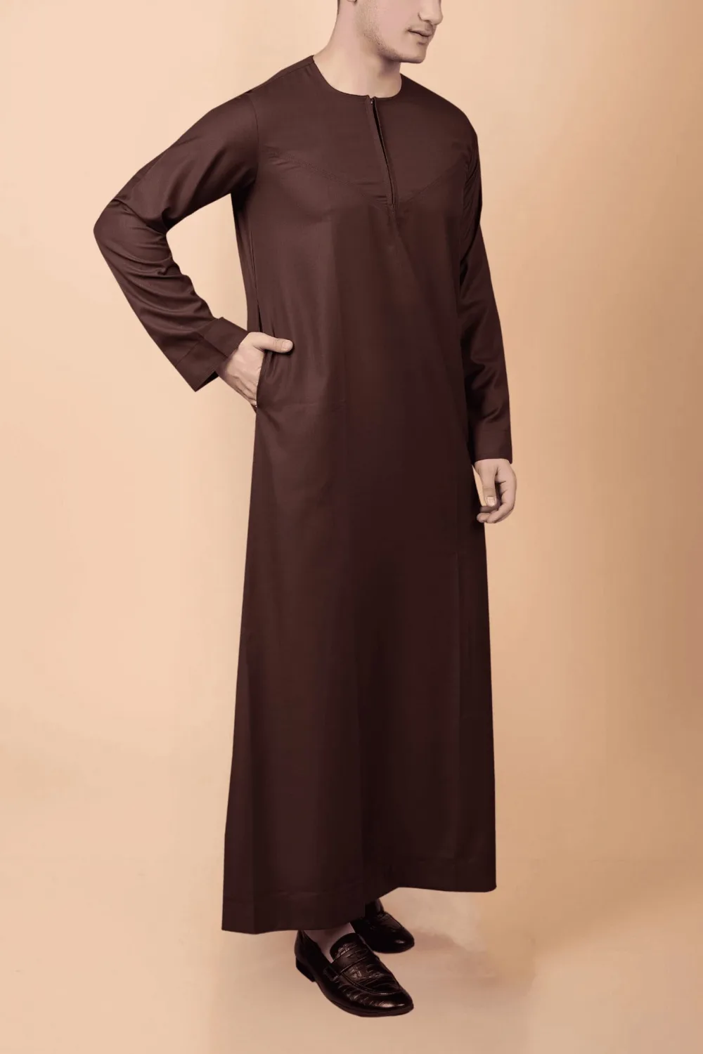 Modern Deep Brown Zip-Neck Thobe for Men – Minimal Classic Design - Image 2 - Ruby Online