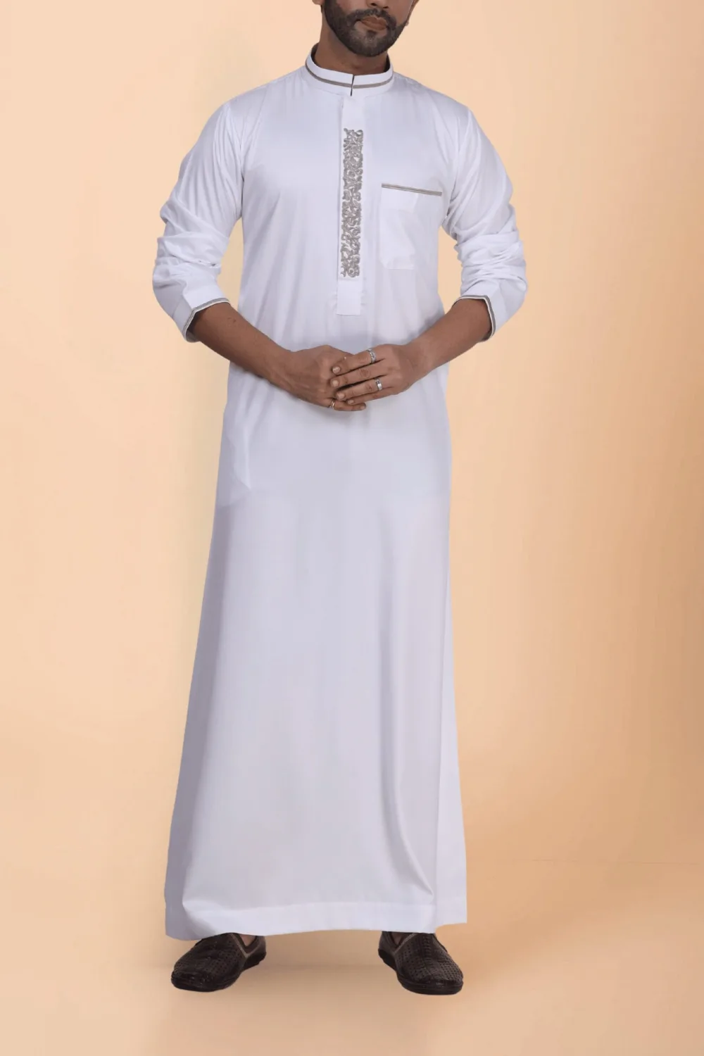 White Thobe with Beige Floral Embroidery Strip & Band Collar Design - Image 2 - Ruby Online