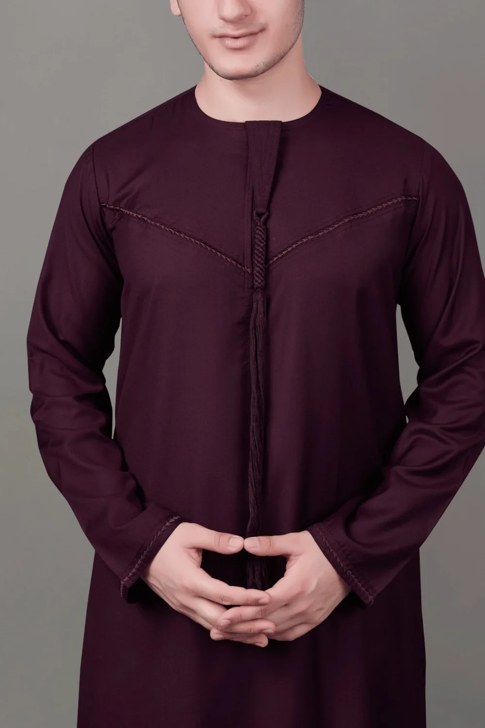 Premium Emirati Maroon Tassel Thobe with Signature Chest Embroidery - Image 5 - Ruby Online