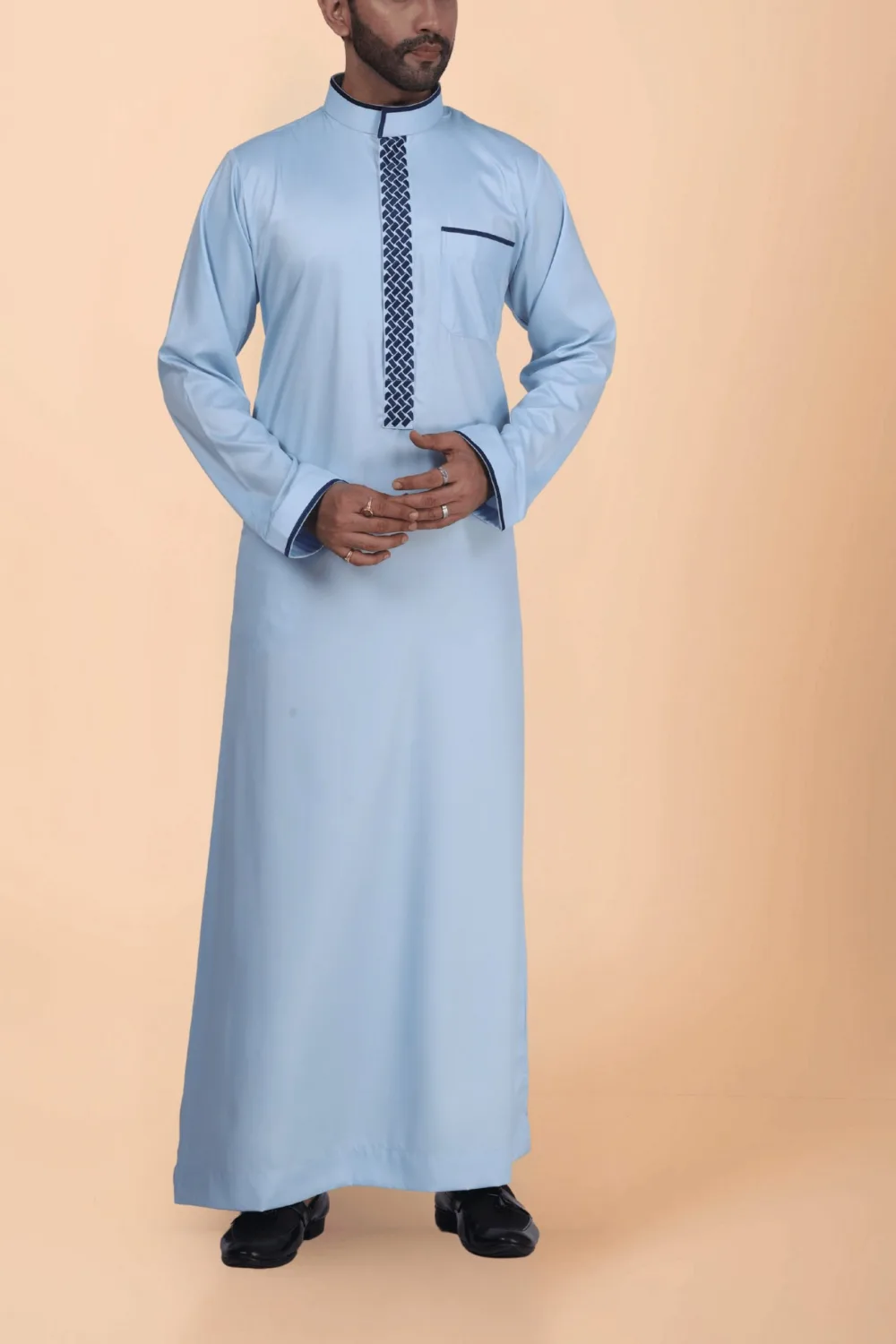 Light Blue Thobe with Navy Geometric Embroidery Strip & Band Collar - Image 2 - Ruby Online