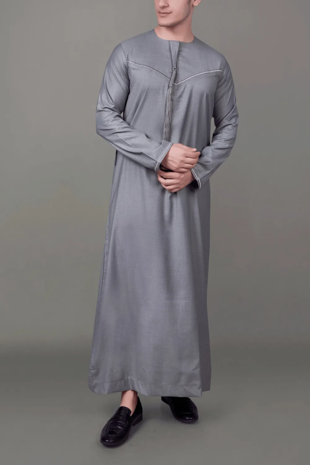 Premium Steel Grey Emirati Tassel Thobe with Silver Embroidered Detailing - Image 2 - Ruby Online