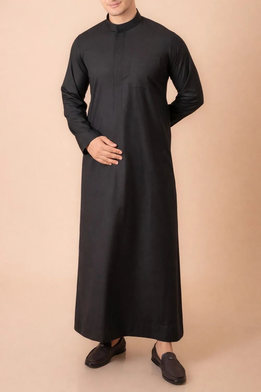 Premium Jet Black Minimalist Emirati Thobe with Concealed Placket