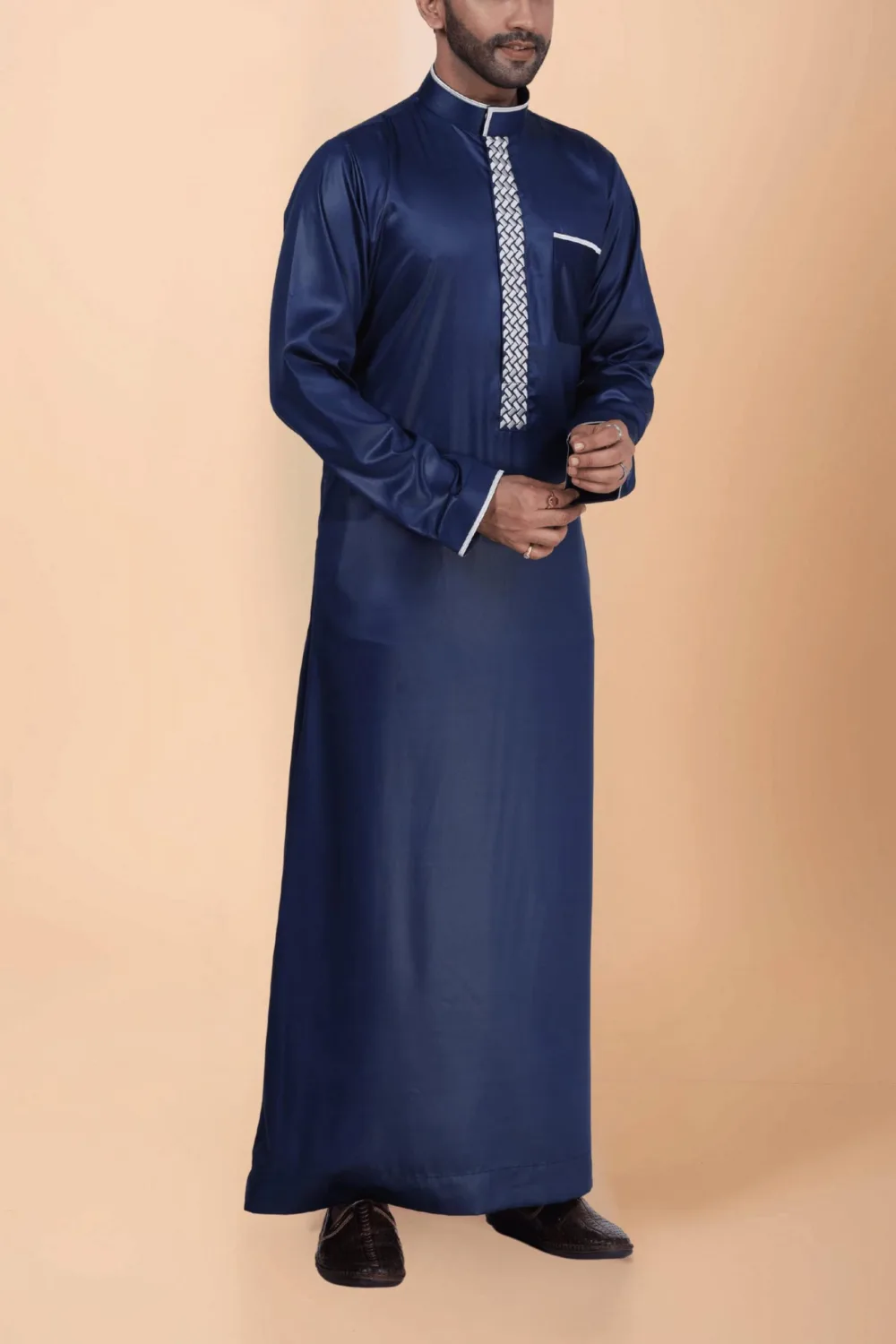 Navy Blue Thobe with White Geometric Embroidery Strip & Band Collar - Image 4 - Ruby Online
